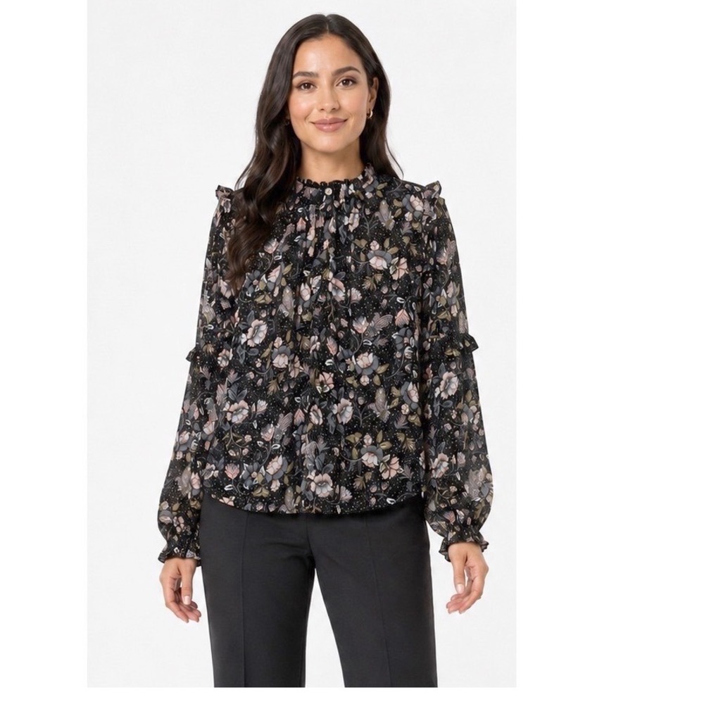 LOFT Floral Paisley Polka Dot Ruffle Neck Blouse Black Pink L Fairycore 114-11